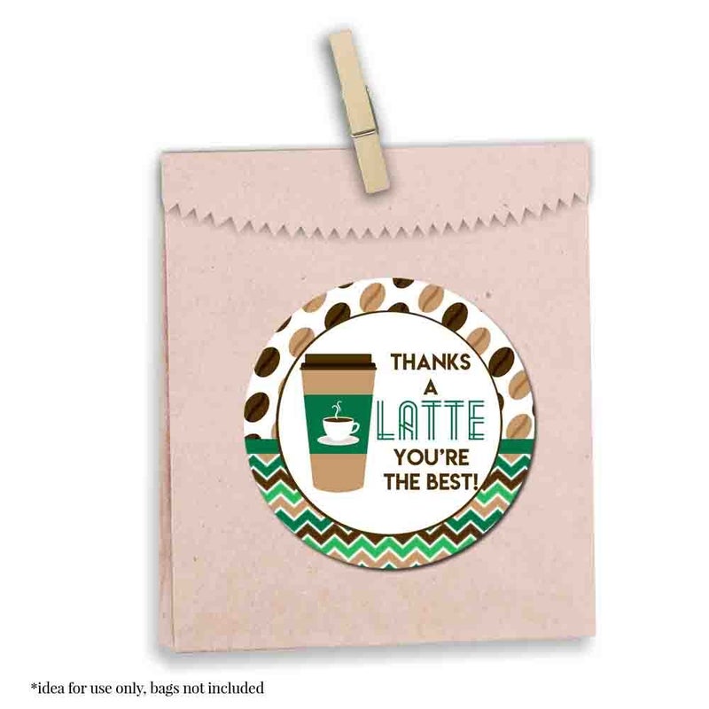 Amanda Creation Thanks A Latte Theme 40 Thank You Sticker Labels 2" Party Circle Stickers, Kids Party Stationery Set, Fun Coffee Cup Design for Favors, Envelope Seals & Goodie Bags, Made in USA by Amanda Creation - Image 5